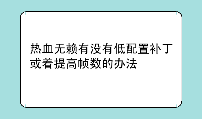 热血无赖有没有低配置补丁或着提高帧数的办法